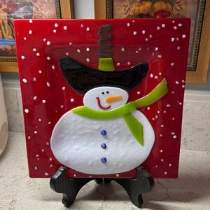 Cowboy Snowman Fused Glass Plate ⛄️